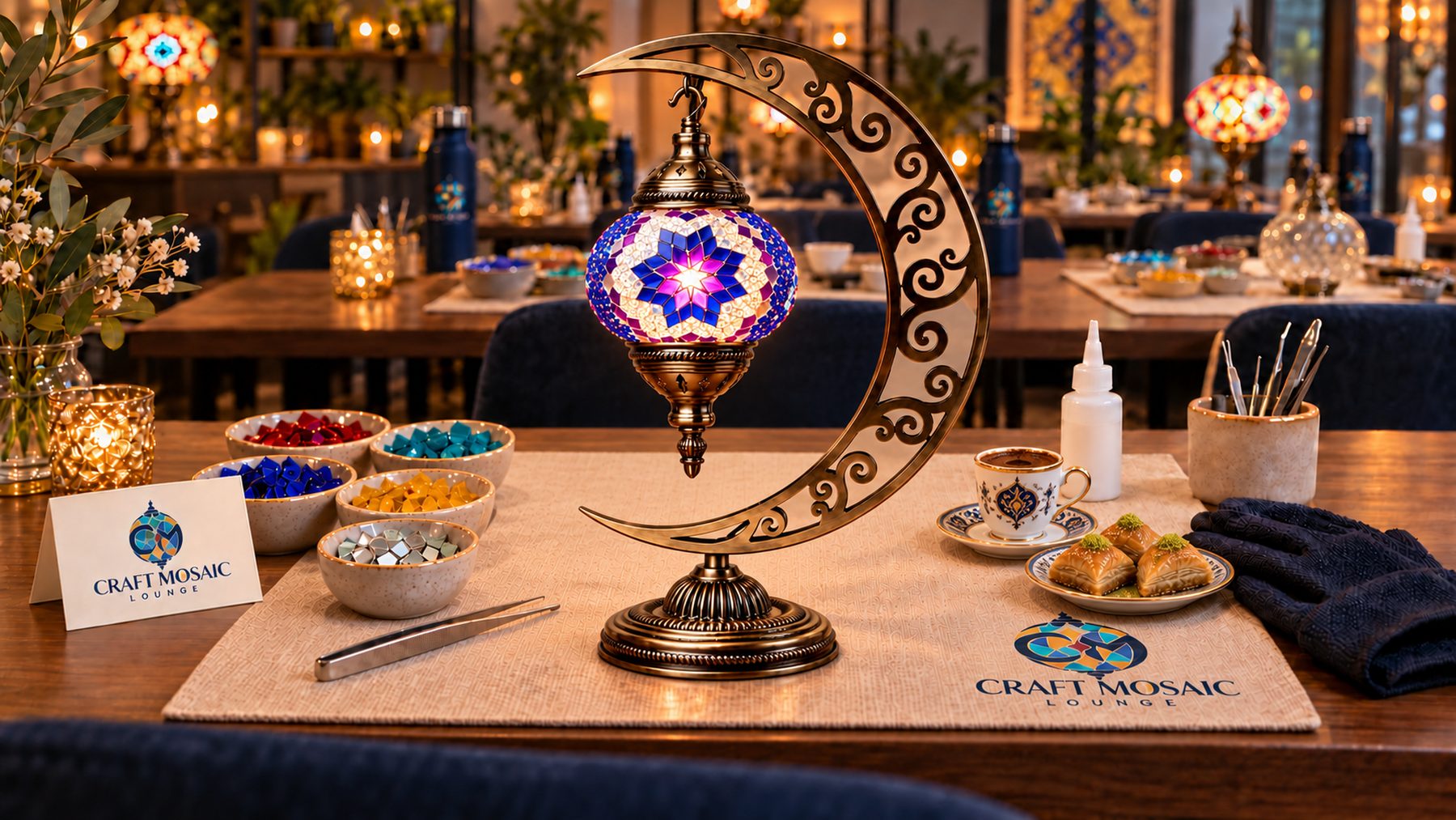 A single glass lamp glowing at the center of a set workshop table, softly lit tables in the background
