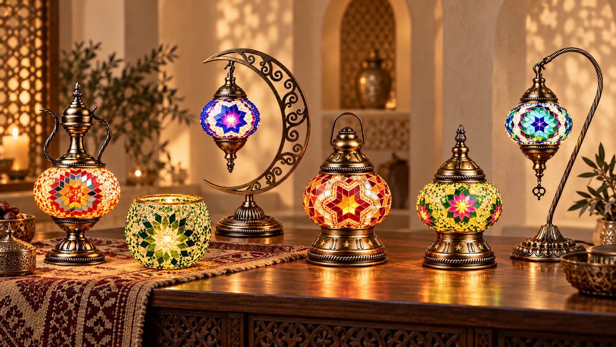 Seven handmade Turkish mosaic lamp styles glowing together on a studio table