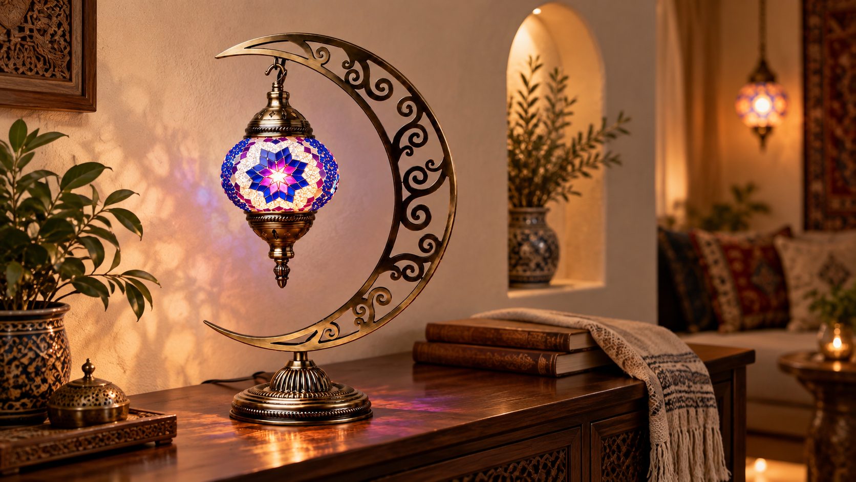 A glowing crescent-moon mosaic lamp on a carved wooden console