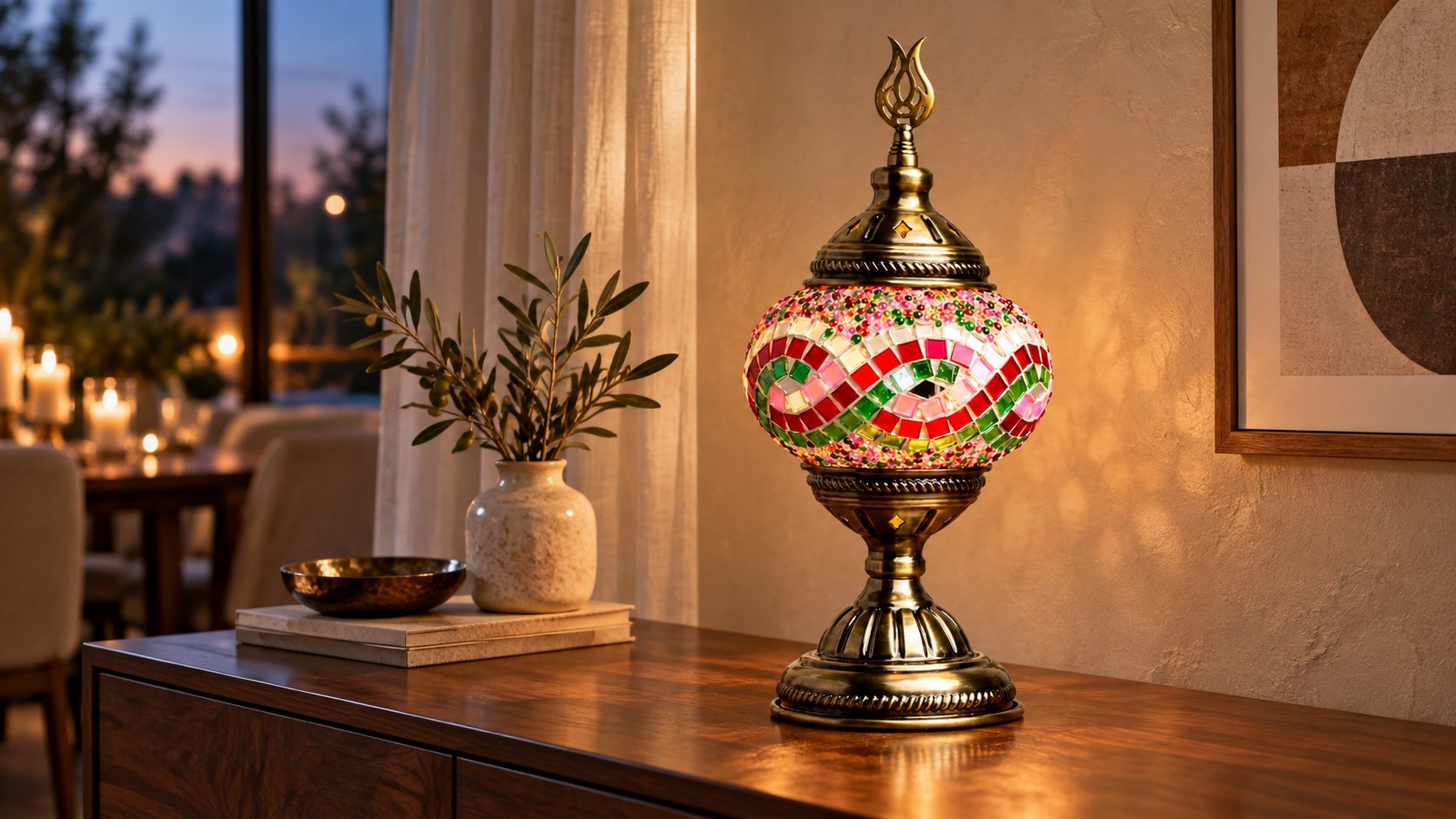 A finished mosaic table lamp glowing warmly beside a book and a porcelain cup