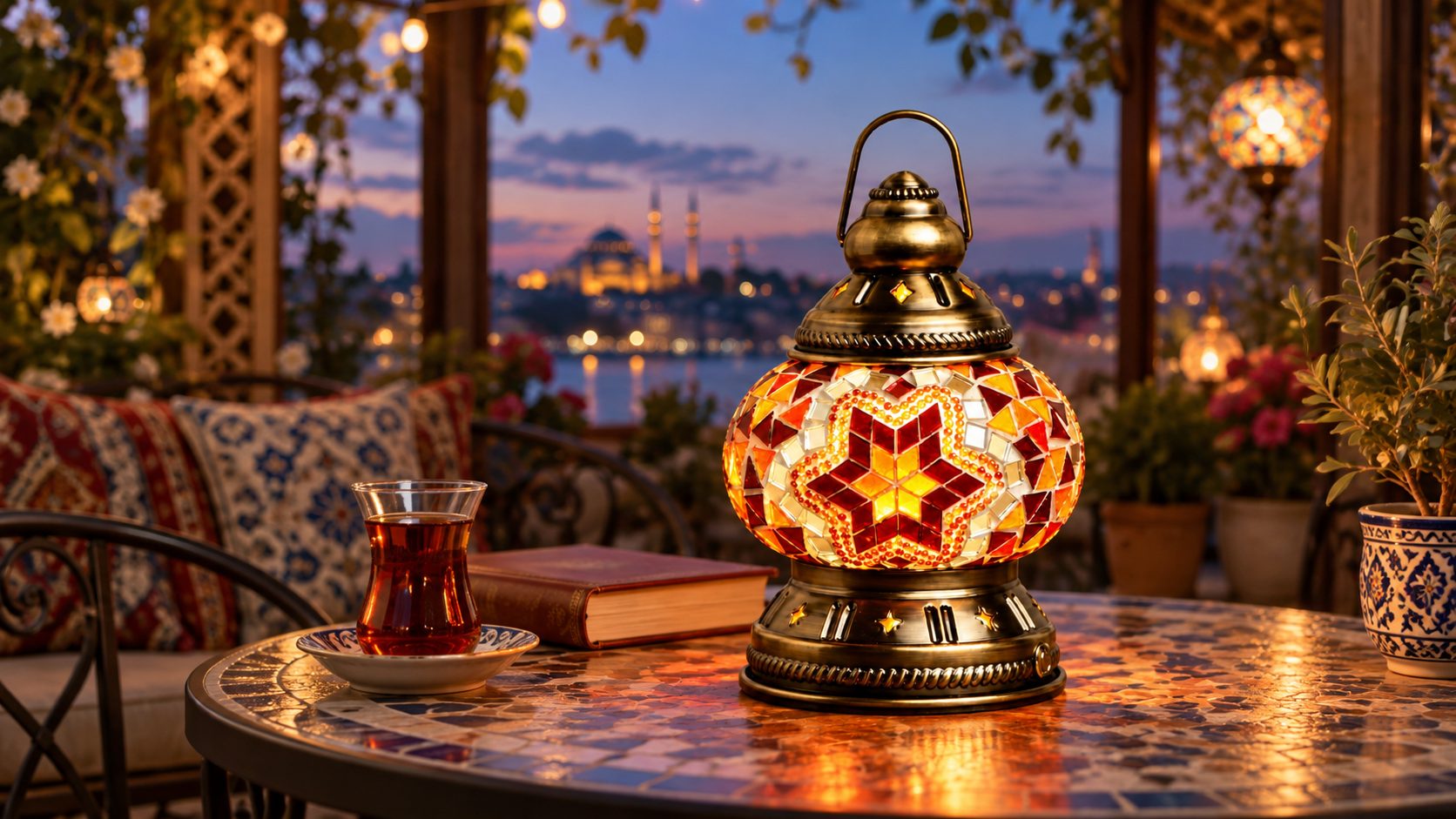 A red and amber mosaic lantern glowing on a mosaic-topped table beside a glass of Turkish tea at dusk