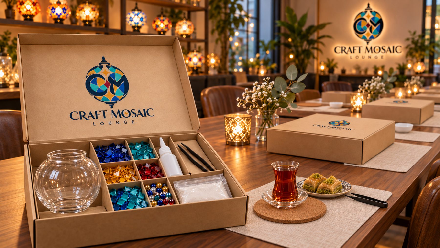 An open Craft Mosaic Lounge kit box with a glass lamp base, sorted glass tesserae and tools, set on a long studio table