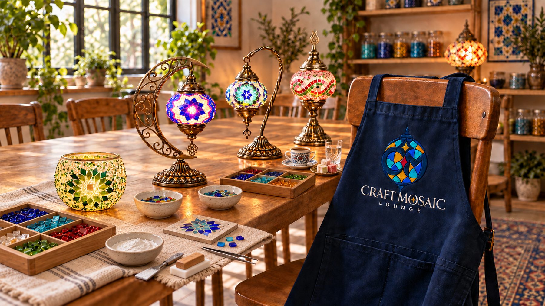 A navy Craft Mosaic Lounge apron hanging on a chair beside a long, set studio table